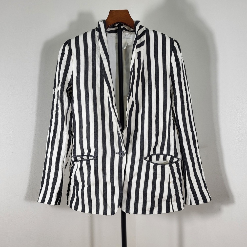 HM Womens Black White Striped Linen Blend Blazer Jacket Size 6 Single Button